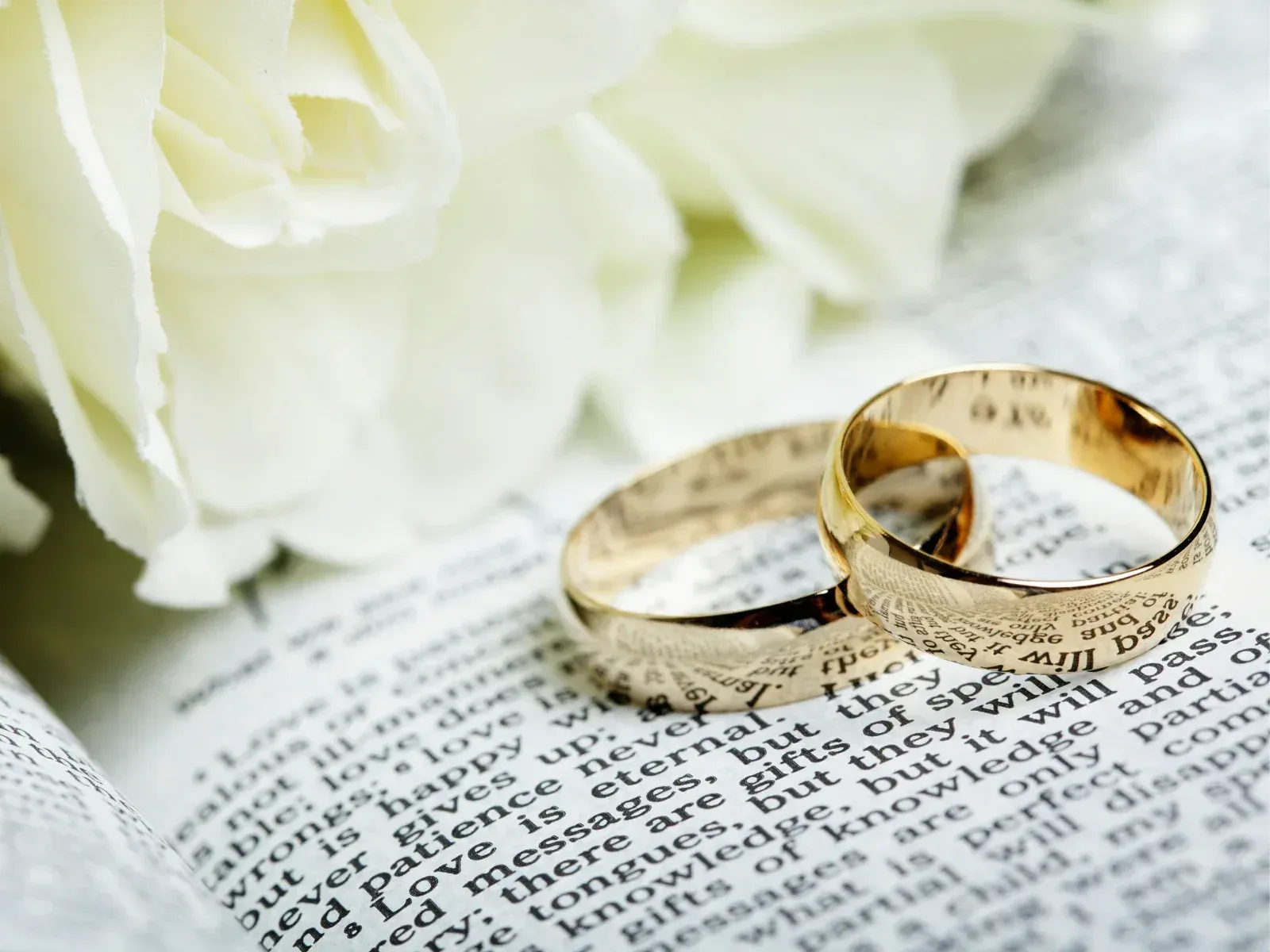 Two gold wedding rings placed on an open book, with white flowers in the background.
